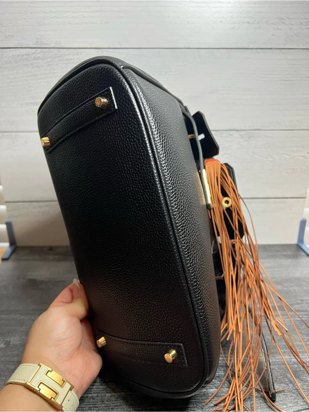 Black Leather Satchel with Orange Fringe and Twill-Handle Wrap